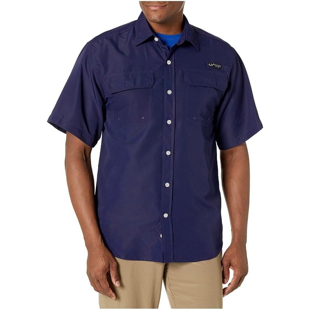 Staghorn Mens Realtree Short Sleeve Button Down Fishing Shirt, Evening Blue, NWT